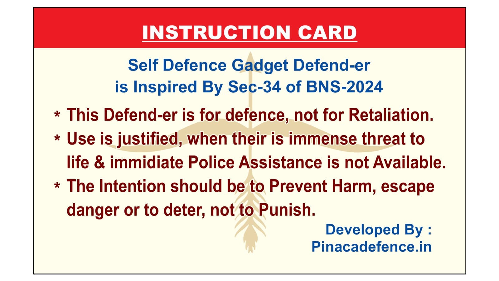 Defend-er safety instructions card